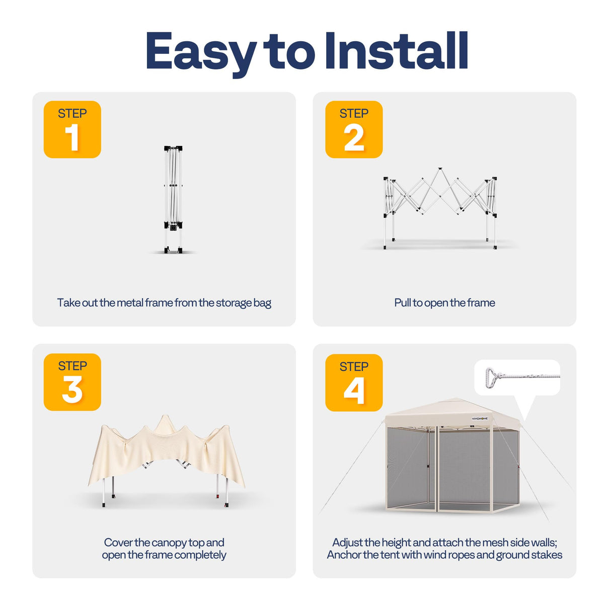VIVOHOME 8x8ft Easy Pop-Up Screen Tent, Outdoor Canopy Tent with Mosquito Netting, 2 Zipper Doors, and Roller Bag for Yard Camping Picnic Party Events, Beige VIVOHOME