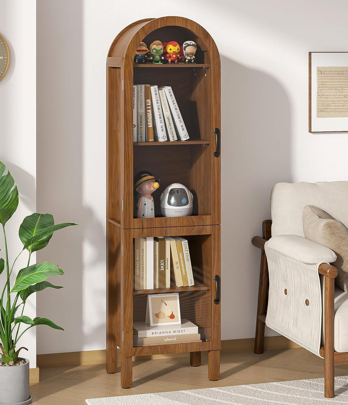 Lxsxlome 64.17 in Tall Arched Display Cabinet with Acrylic Glass Doors 5-Tier Kitchen Pantry Storage Cabinets Modern Wood Curio Cabinet Bookcase for Living Dining Room (Walnut, 16.92‘’W) Lxsxlome