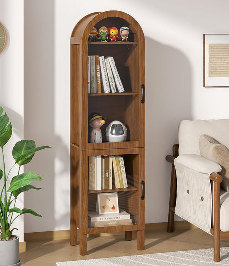 Lxsxlome 64.17 in Tall Arched Display Cabinet with Acrylic Glass Doors 5-Tier Kitchen Pantry Storage Cabinets Modern Wood Curio Cabinet Bookcase for Living Dining Room (Walnut, 16.92‘’W) Lxsxlome