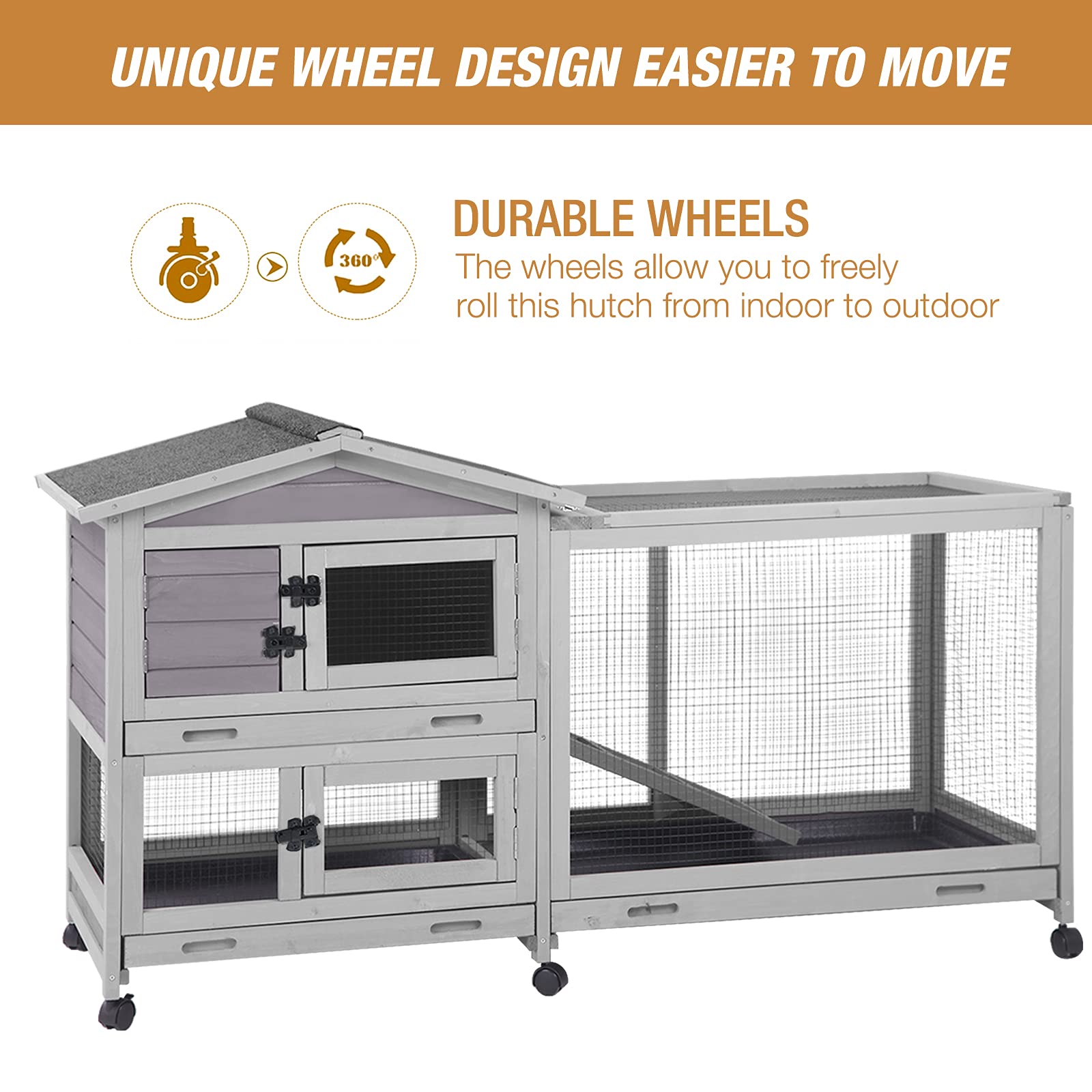 Bunny Cage Indoor and Outdoor Rabbit Hutch with Casters Waterproof Roof, Pull Out Tray from Back and Front - WoodArtSupply