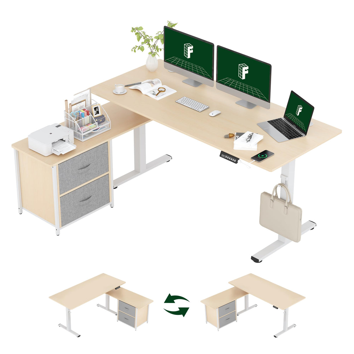 FLEXISPOT 63'' L Shaped Standing Desk with Drawers, Adjustable Height Desk with Shelves, Large Corner Stand Up Desk with Headphone Hooks for Home Office, Light Wood Grain Top+ White Frame FLEXISPOT