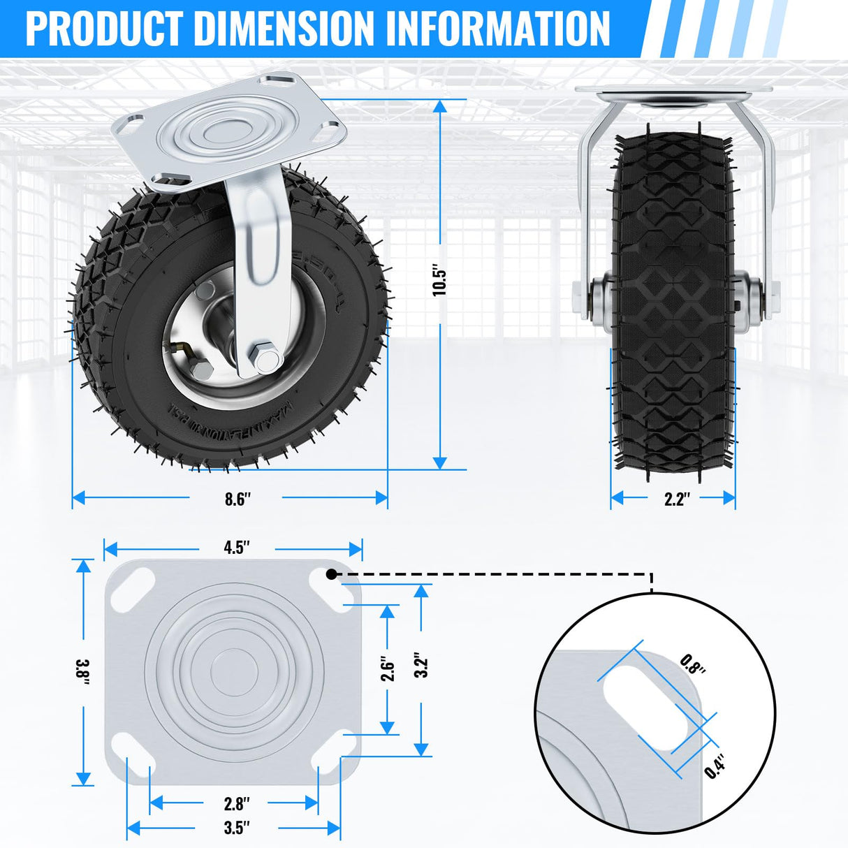 8 Inch Pneumatic Caster Wheels Set of 4 (2 Swivel/2 Rigid),Heavy Duty Casters,Tolerable 880 LBS,Rubber Knobby Tread for Workbench, Cart, Trolley,Wagon and Shelves VELPAX