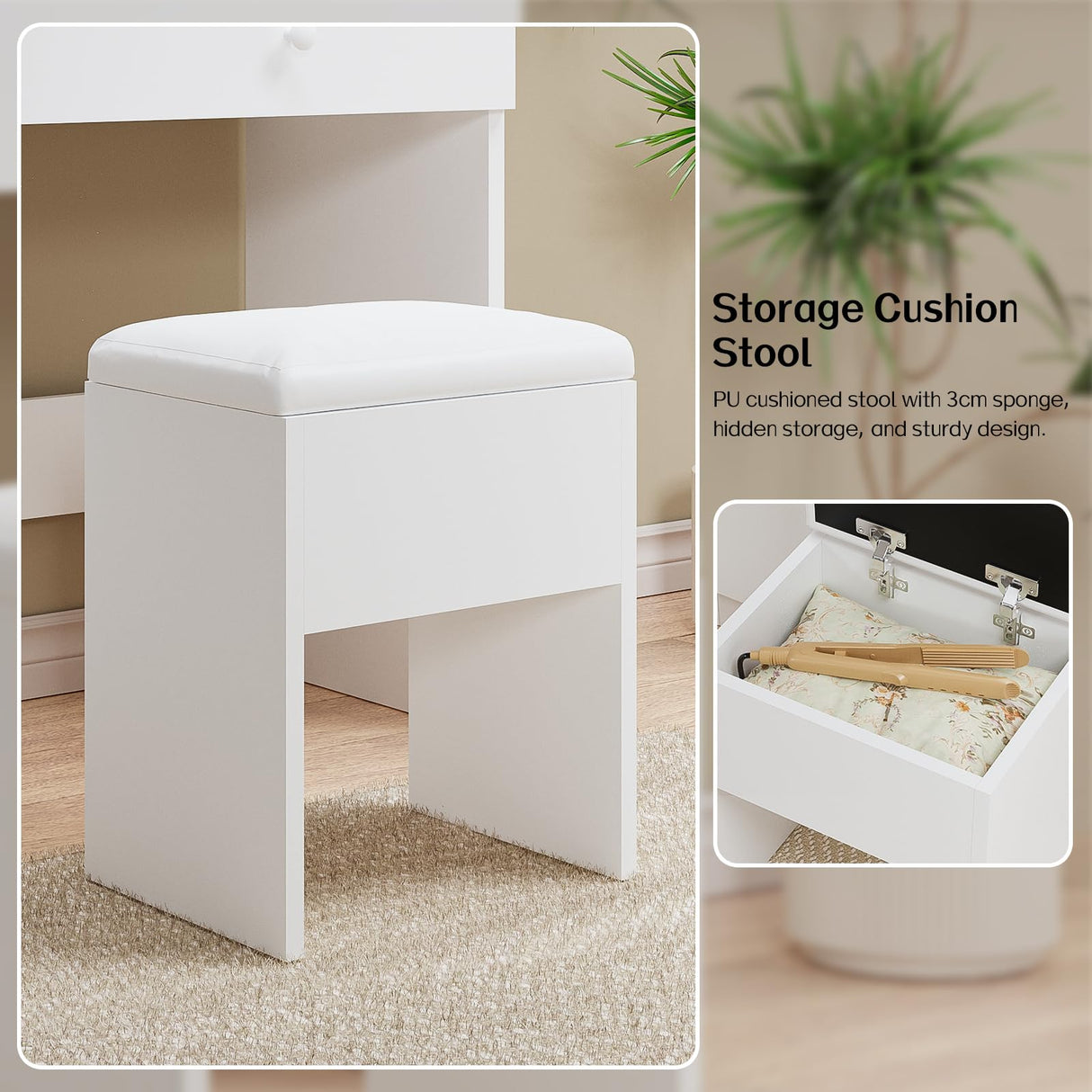 Haewon Makeup Vanity Desk with Lighted Mirror, White Vanity with Chair Power Outlet Drawers Cabinet, Dressing Table Set with 3 Lighting Modes for Bedroom Haewon