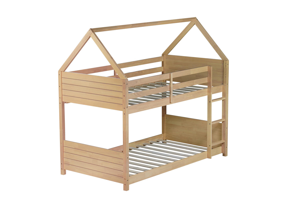 PVWIIK House Floor Bunk Bed/Twin Over Twin with Headboards & Footboards/Ladder and Guardrails for Boys Girls Bedroom,Low Floor Bunk Bed/No Box Spring Needed, Oak PVWIIK