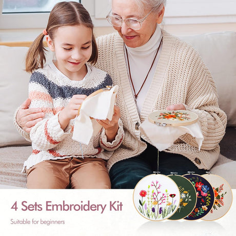 4 Pack Embroidery Kit for Beginners,Adults DIY Starter Kit,Cross Stitching Kits with Flower Stamped Patterns,Hoop,Tools,Colorful Threads with Needles,Step by Step Instructions,Hand Craft Lover Gift wtisan