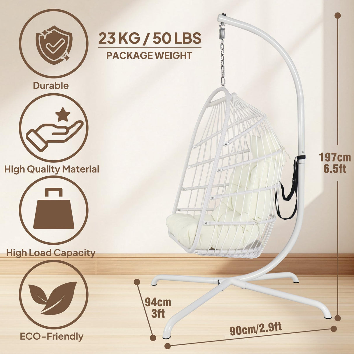 Chihee Egg Chair with Ultra Strong Stand and Cushion Foldable Wicker Rattan Hanging Chair Swing Chair Indoor Outdoor Patio Lounging Chair Hammock Chair 330 lbs Capacity Balcony Porch Bedroom Garden Chihee