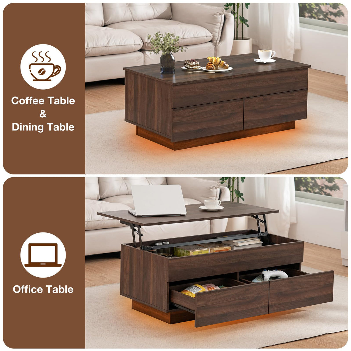 HOMMPA Lift Top Coffee Table with LED Light Morden Coffee Table with Storage High Gloss Walnut Coffee Table for Living Room Tea Table with Storage Center Tables Hidden Compartment & 2 Drawers HOMMPA