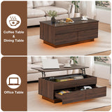 HOMMPA Modern Lift Top Coffee Table with Storage for Living Room, LED Coffee Table, Wooden Lift Table Top Dining Table with 2 Drawers Hidden Compartment & Metal Frame, Walnut HOMMPA