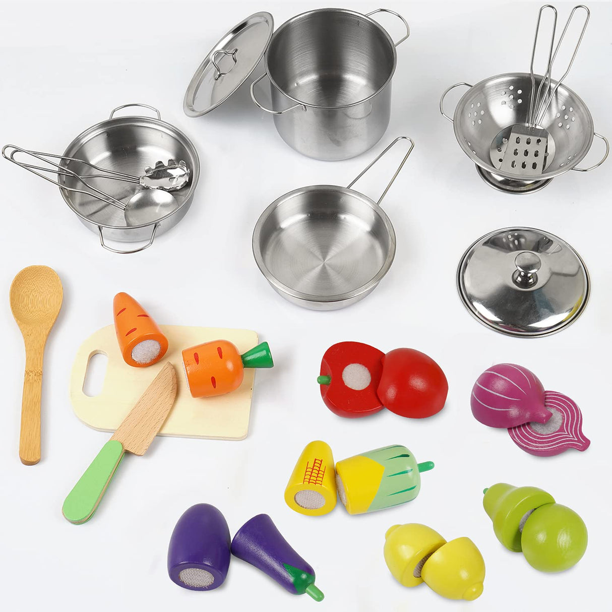 Sundaymot Play Kitchen Accessories, Wooden Play Food, Cooking Set with Stainless Steel Cookware Pots and Pans Utensils, Apron, Chef Hat, Cutting Food Kitchen Playset for Girls and Boys Sundaymot