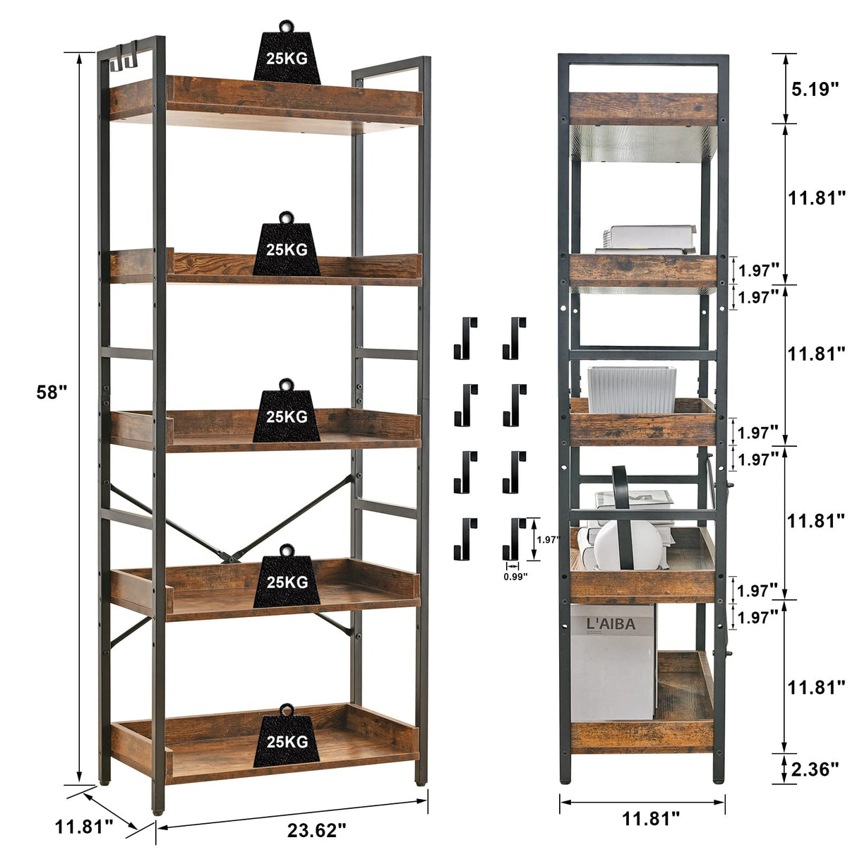 HCHQHS Rustic Brown 5-Tier Adjustable Open Bookcase with Industrial Metal Accents HCHQHS