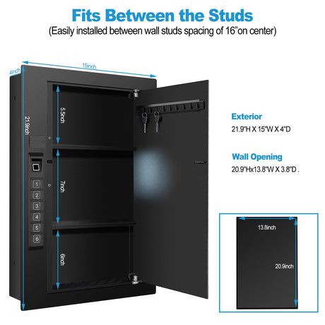 Wall Safe, Hidden Fingerprint Security wall Safe, In Wall Safe Between Studs, Upgraded Biometric/Keypad/Key Access, Secure Handgun, Documents, Jewelry, Valuables (Biometric Fingerprint) LANGGER V