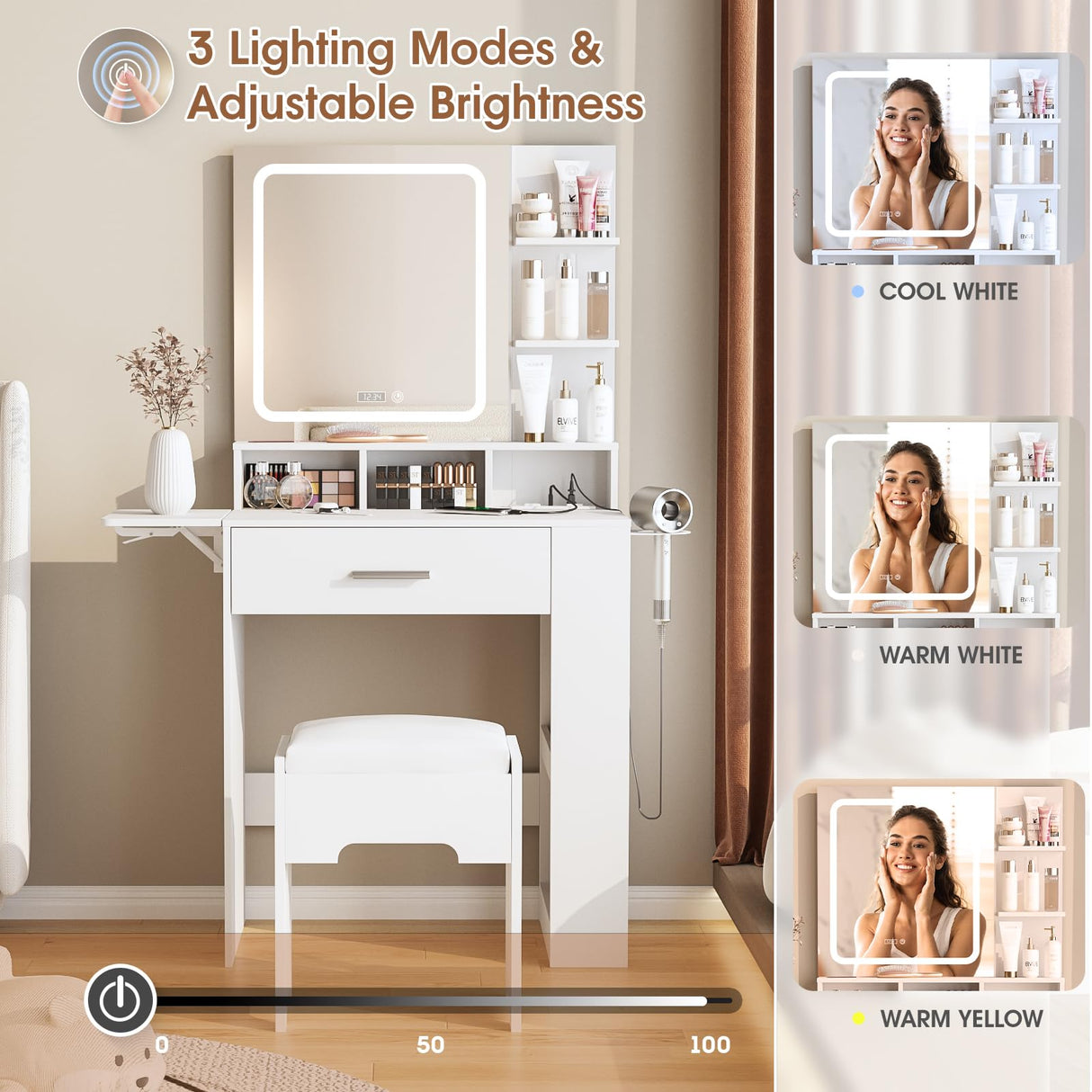 Fameill Vanity Desk with Mirror and Lights, Small Makeup Vanity with Drawer & Lots Storage Shelves, White Vanity Table with Charging Station & Time Display, Vanity Set with Chair, for Bedroom Fameill