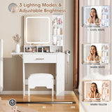 Fameill Vanity Desk with Mirror and Lights, Small Makeup Vanity with Drawer & Lots Storage Shelves, White Vanity Table with Charging Station & Time Display, Vanity Set with Chair, for Bedroom Fameill