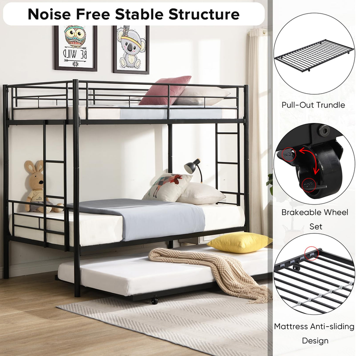 HomJoones Metal Bunk Bed Frame,Twin Over Twin Metal Bunk Bed with Trundle Heavy Duty Twin Size Metal Bunk Beds Frame with 2 Side Ladders Convertible Bunkbed,No Box Spring Needed (White) HomJoones