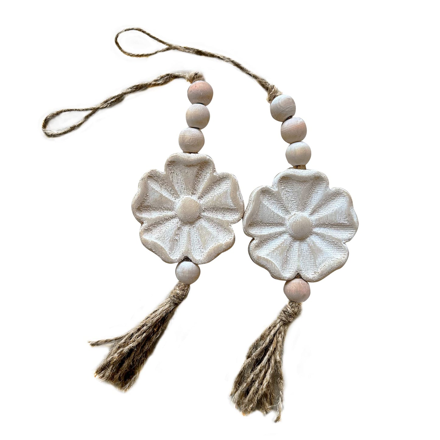 2pcs Carved Floral Tassels with Farmhouse Wood Beads - Multi-Functional Wall Decor Tray Home Decoration (Natural)