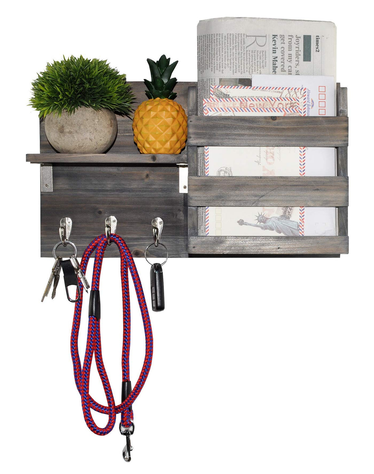 Spiretro Wall-Mounted Key Holder Hooks - Rustic Wood Weathered Grey & Black - Entryway Organizer for Mail, Leashes, and Purses - Floating Shelf, 16.5” W x 9.75" H x 4.5” D Spiretro