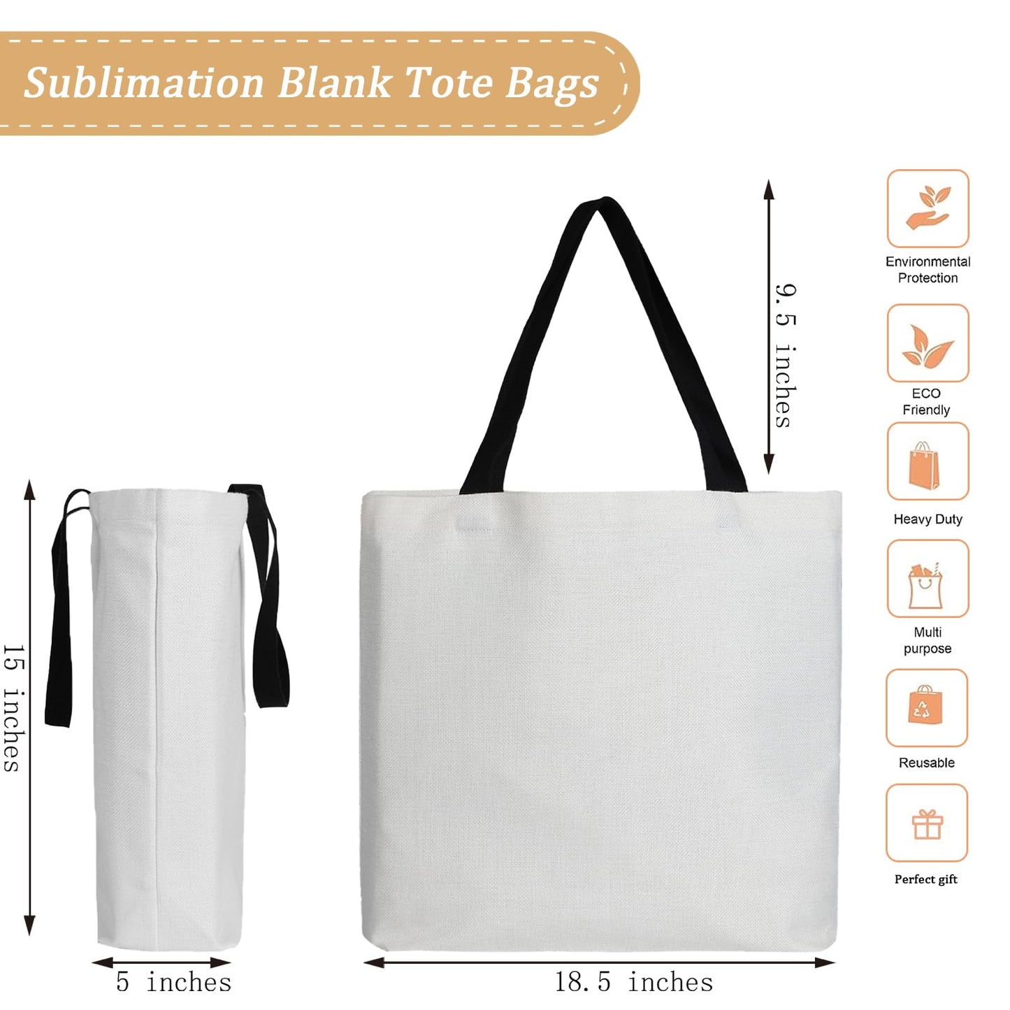 Towsnails 10 Pieces Sublimation Tote Bags Sublimation Blank Canvas Tote Bags, Grocery Bags Cosmetic Makeup Bags for Decorating DIY Crafting, Christmas Craft Gift,White