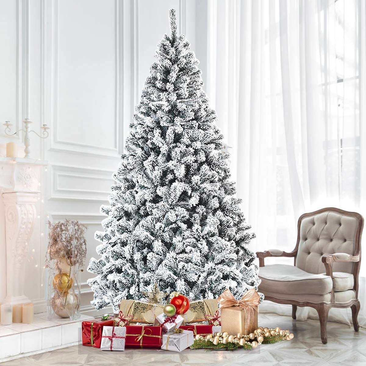 Giantex Artificial Christmas Tree, Premium PVC Xmas Full Tree, Flocked Snow Pine Tree with Solid Metal Stand, Ideal for Indoor and Outdoor (7.5FT) Giantex