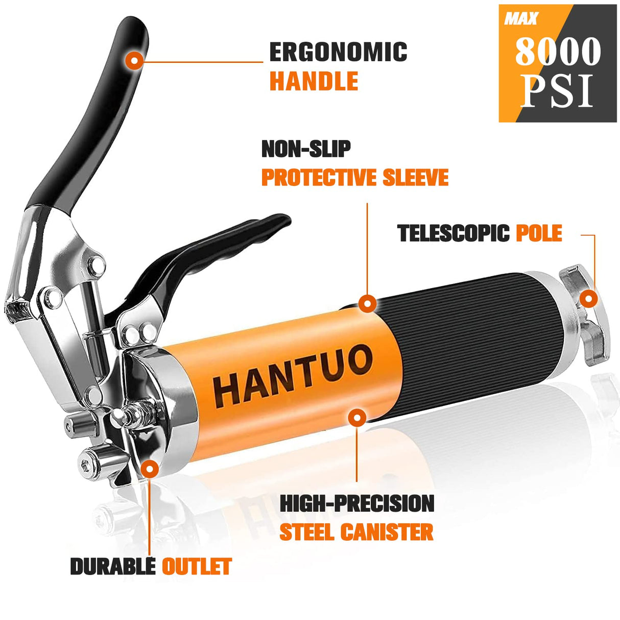 HANTUO Grease Gun, 8000 PSI Heavy Duty Pistol Grip Grease Gun Kit with 14 oz Load, 18 Inch Spring Flex Hose, 2 Grease Couplers, 2 Extension Rigid Pipes and 1 Sharp Type Nozzle, Suit for Zerk Fittings HANTUO