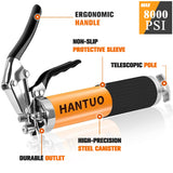 HANTUO Grease Gun, 8000 PSI Heavy Duty Pistol Grip Grease Gun Kit with 14 oz Load, 18 Inch Spring Flex Hose, 2 Grease Couplers, 2 Extension Rigid Pipes and 1 Sharp Type Nozzle, Suit for Zerk Fittings HANTUO