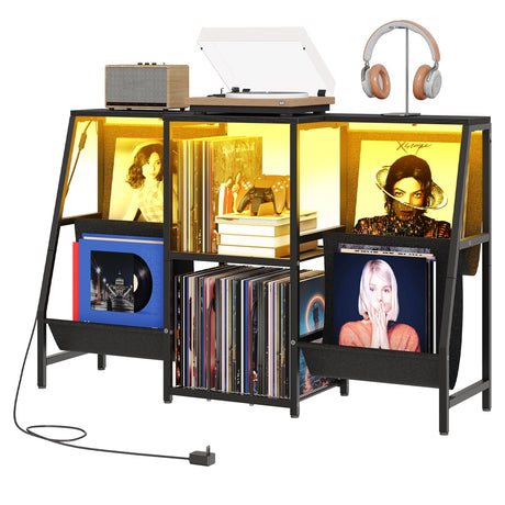 HOOBRO 4-Tier AV Media Stand with LED Light, Media Shelf Cabinet, Wooden Stereo Cabinet for Record Player, Entertainment Center, Game Console, Vinyl Record Storage, Black BB114DCJ01 HOOBRO