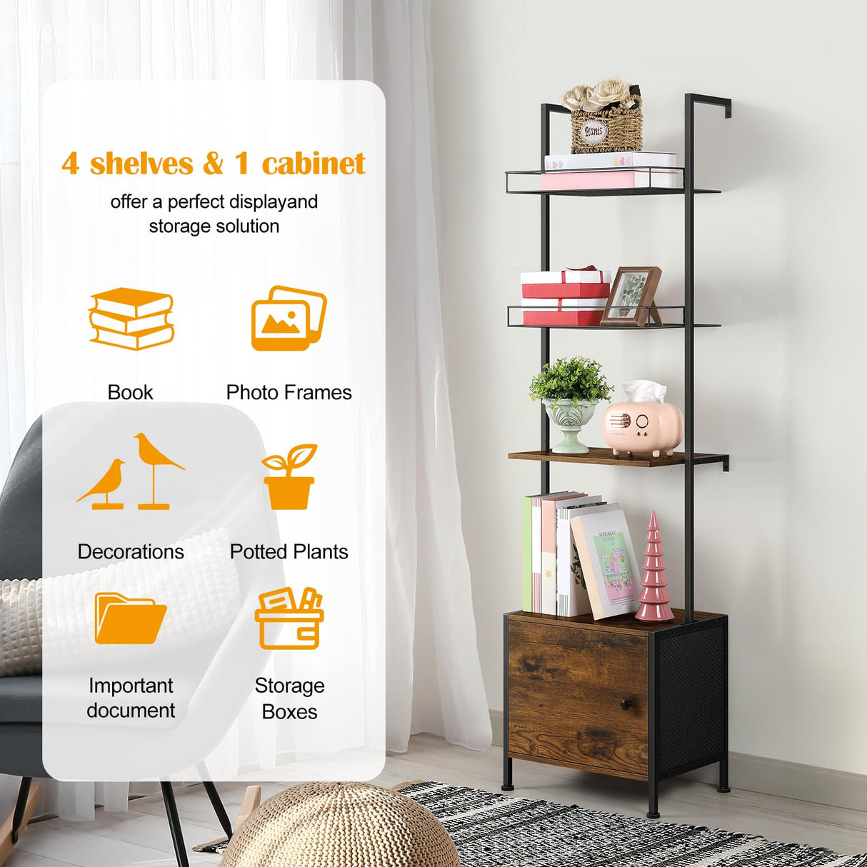 Vrisa 4 Tier Ladder Bookshelf with Drawers Wall Mounted Storage Shelves Wooden Ladder Shelf with Cabinet Display Bookcase for Living Room Bedroom Home Office Kitchen Brown Vrisa