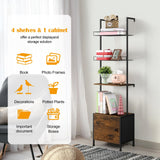 Vrisa 4 Tier Ladder Bookshelf with Drawers Wall Mounted Storage Shelves Wooden Ladder Shelf with Cabinet Display Bookcase for Living Room Bedroom Home Office Kitchen Brown Vrisa