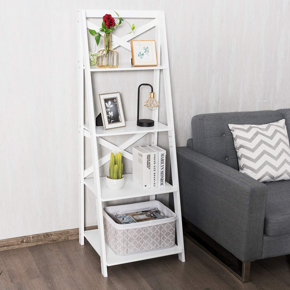 Tangkula 4-Tier Ladder Shelf Bookcase Leaning Free Standing Wooden Frame Decor Bookshelf Storage Flower Shelf Plant Display Shelf for Home Office (White, 1) Tangkula