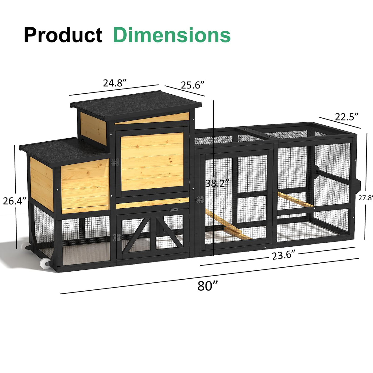 TIMHAKA 80'' Chicken Coop with Nesting Box, Outdoor Duck Coop, Chicken House for Outside, Wooden Chicken Coops with Run & Waterproof Asphalt Roof, Wheels, Removable Tray and Hanging Chicken Feeder TIMHAKA