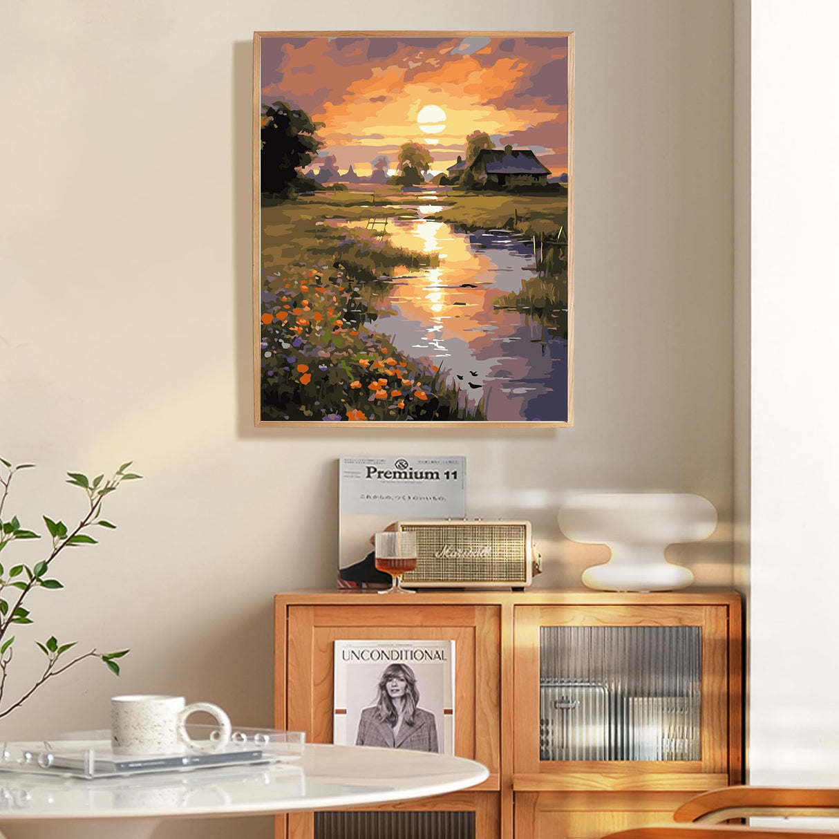 Framed Paint by Numbers Kit for Adults Beginner, Countryside Sunset Adult Paint by Number Kits on Canvas, Riverside Cabin Oil Painting by Numbers for Home Decor Gift 16” W x 20”L Fountor