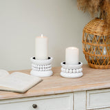 NIKKY HOME Farmhouse Beaded Wooden Pillar Candle Holders Set of 2, Rusitc Solid Wood Candlesticks Pedestal, Fireplace Mantle Table Centerpiece Decor, Distressed White NIKKY HOME