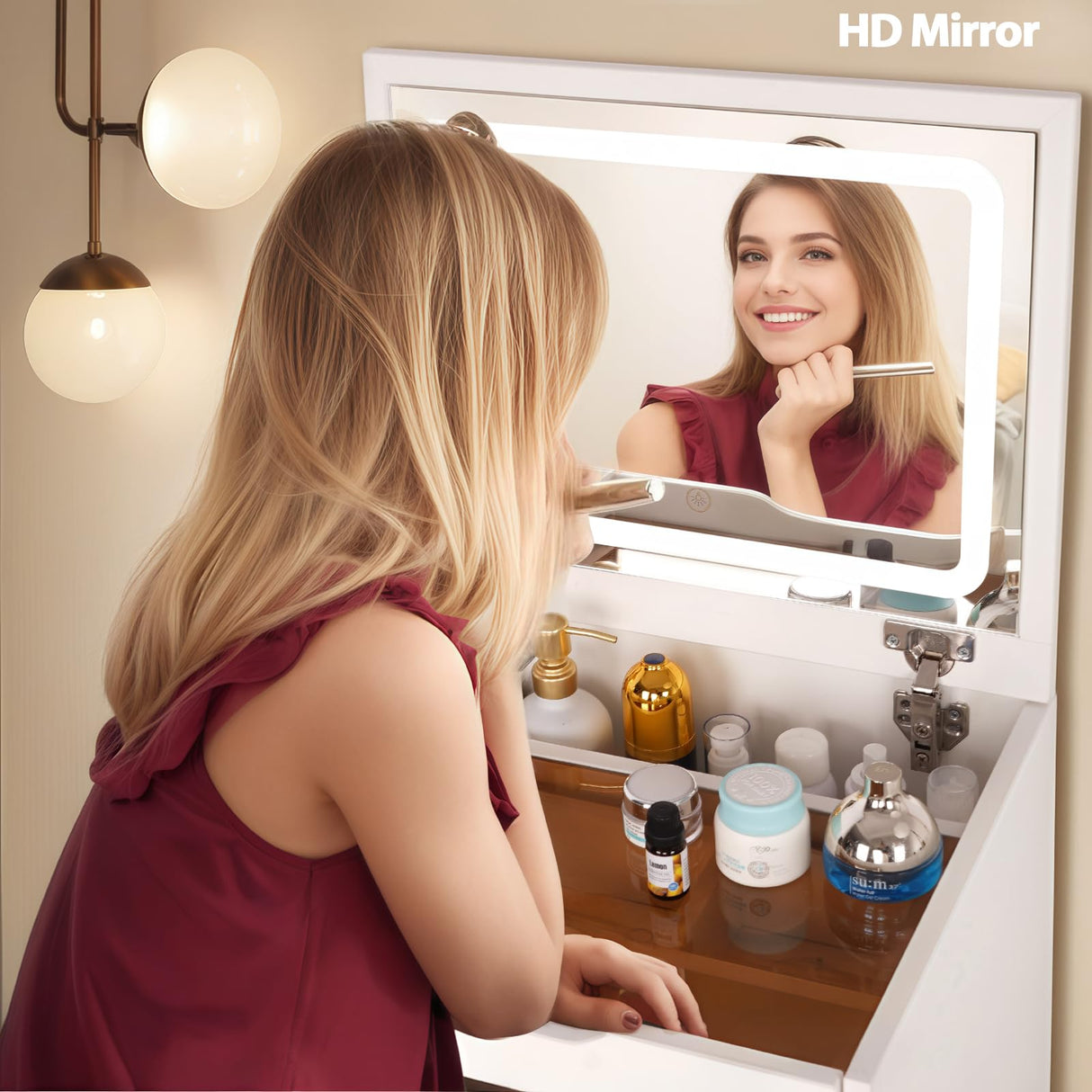 HVCBOSS 3 in 1 Vanity Desk with Flip Top Mirror, Small Make Up Vanity Set with Visible Glass Desktop, Compact Makeup Vanity with 3 Drawers, Cushioned Tool, Dressing Table for Bedroom HVCBOSS