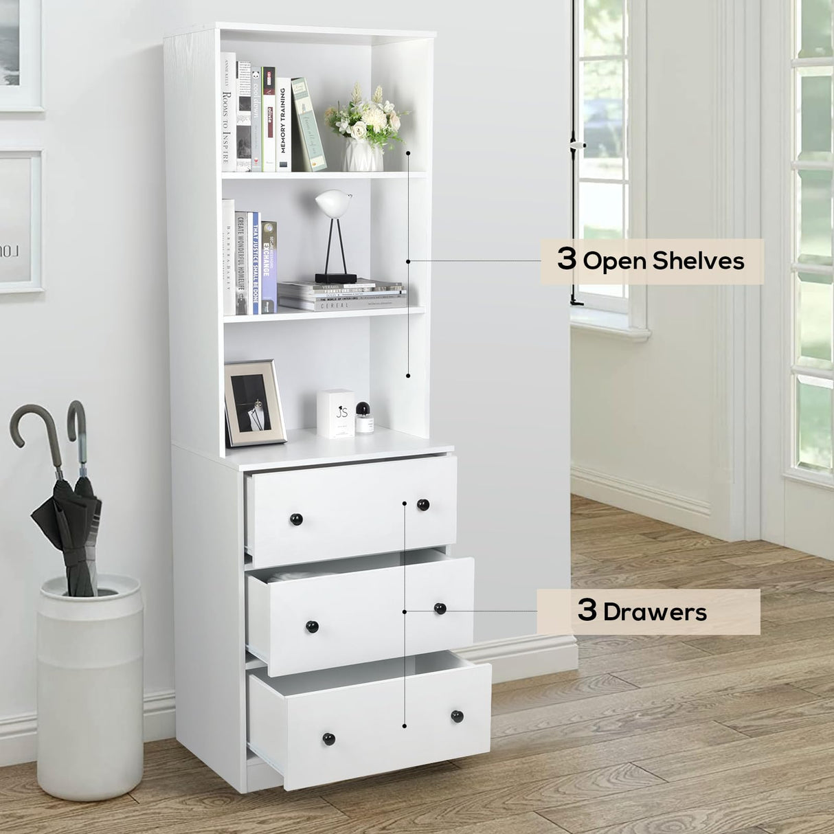 VOWNER Vertical File Cabinet, 3-Tier Modern Bookshelf with 3 Large Drawer, Wood Filing Cabinet with Open Storage Shelf, Glass Doors and Adjustable Shelves for Home Office, White (A) VOWNER