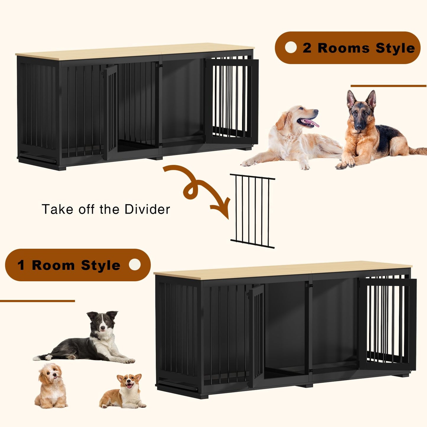 DAWNSPACES Double Dog Crates Furniture for Large Dogs, 71" Heavy Duty Wooden Kennel with Tray & Removable Divider for 2 Dogs, Indoor Furniture Style Dog Crate House TV Stand, Black - WoodArtSupply