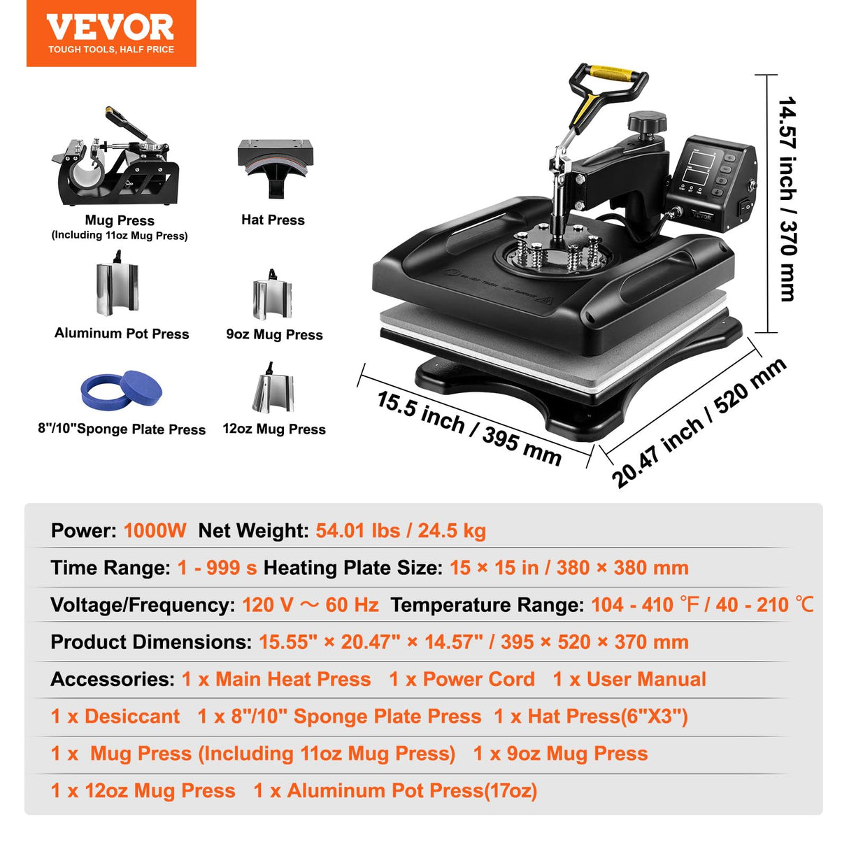 VEVOR Heat Press Machine 8 in 1 Combo - 15x15 Tshirt Press Machine with Tumbler Press, 360° Swing Away Digital Multifunction Heat Transfer Sublimation for Printing T Shirts Mug Hat Plate Cap, Black VEVOR