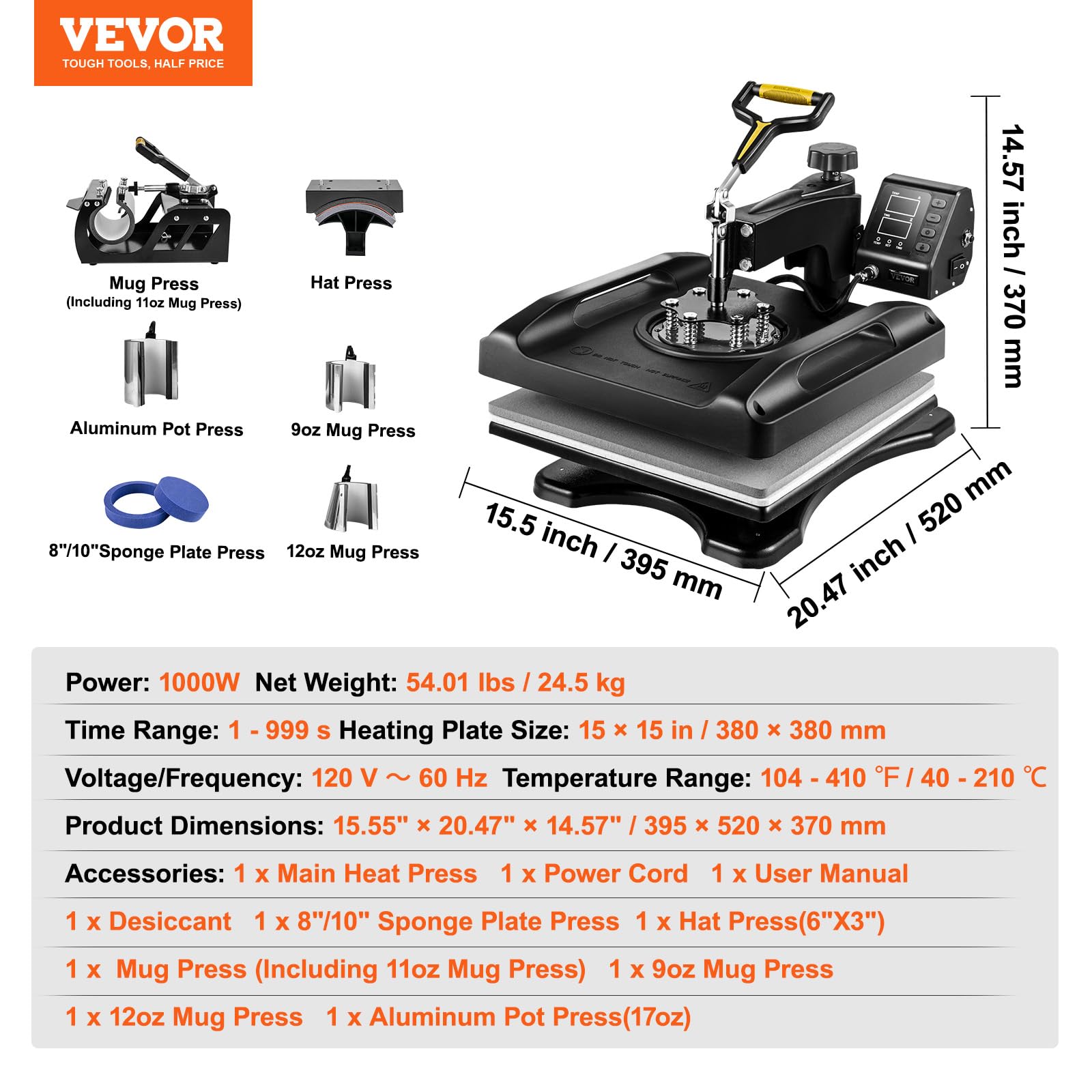 VEVOR Heat Press Machine 8 in 1 Combo - 15x15 Tshirt Press Machine with Tumbler Press, 360° Swing Away Digital Multifunction Heat Transfer Sublimation for Printing T Shirts Mug Hat Plate Cap, - WoodArtSupply