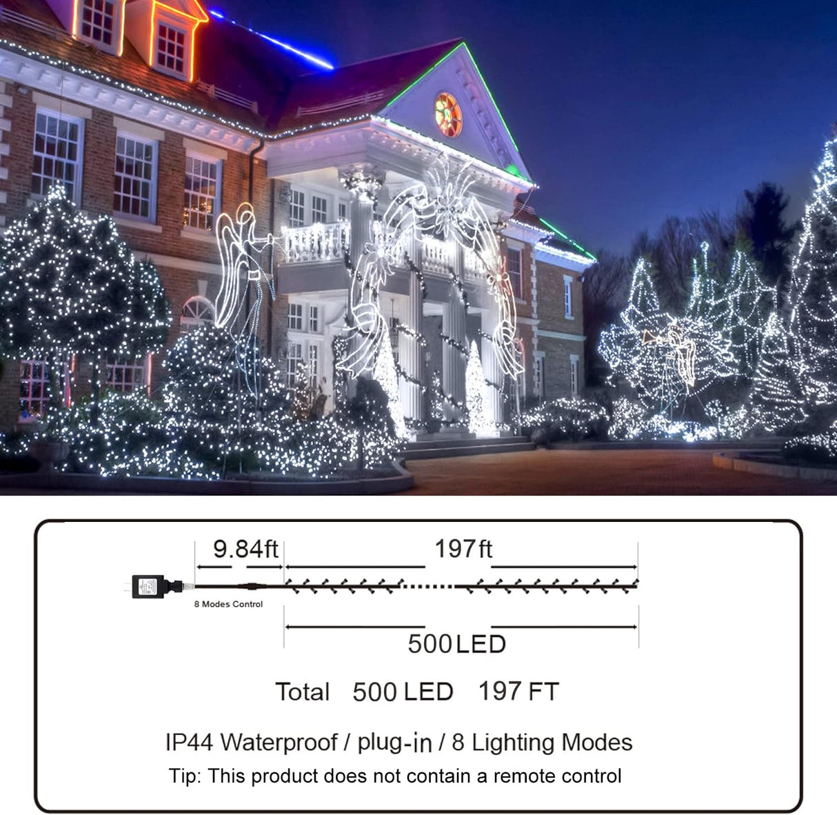 KNONEW 197FT 500 LED Christmas Lights Outdoor String Lights 8 Modes & Memory Fairy Light Plug in Waterproof LED String Lights for Xmas Yard Tree Wedding Party Holiday Decorations (Cool White) KNONEW