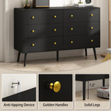 BAZELOR Dresser for Bedroom with 6 Drawers, Double Wood Dresser with Gold Handles, Modern Mid Century Chest of Drawers for Living Room, Hallway, Black BAZELOR