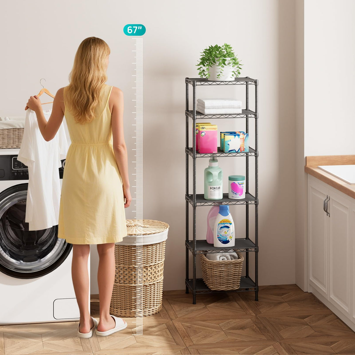 SINGAYE 6 Shelves Bathroom Organizers and Storage Shelf Wire Closet Metal Pantry Kitchen Small Garage Shelving Unit Laundry Room Organization Home Tall Rack Balck 10" D x 16" W x 60”H SINGAYE