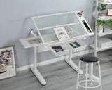 ZephyPaws Glass Drafting Table and Stool Set, Upgraded Hand Crank Adjustable Height Drawing Table Artist Desk with 2 Storage Drawers for Home Office (White) ZephyPaws