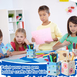 Blueweenly 12 Pcs Wood Pen Holder Unfinished Wooden Boxes, 4 Sets 12 Color Watercolor Paints and 1 Set Acrylic Stickers for DIY Crafts Birthday Party Favor Gift Supplies Blueweenly