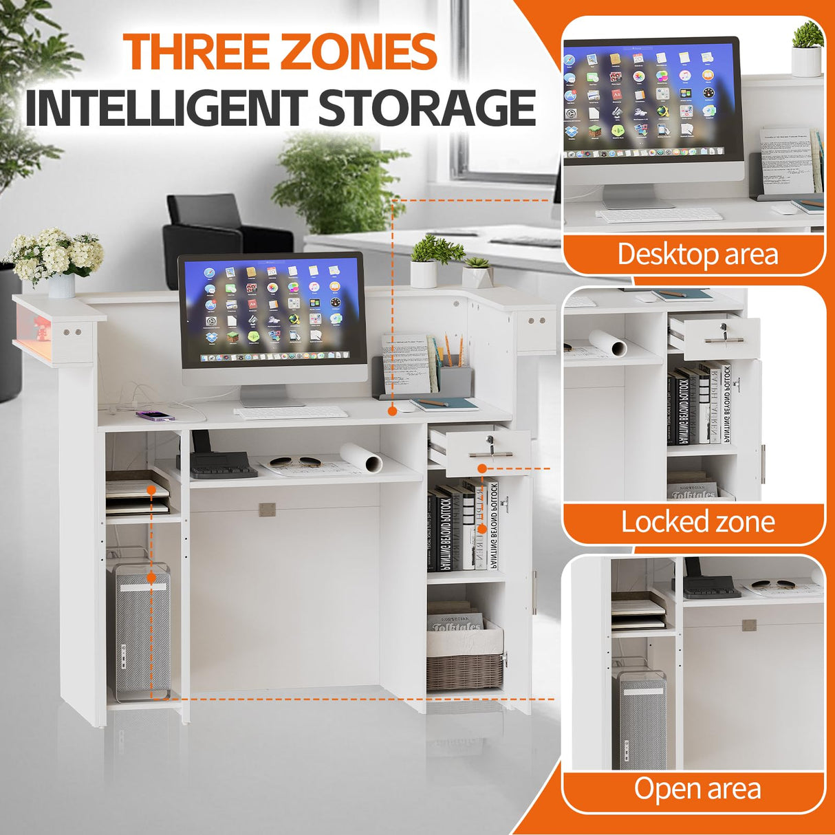 PAKASEPT Reception Desk with LED Lights, 55-Inch Front Counter Table with Lockable Drawer & Glass Display Shelf, Reception Room Table with Cable Grommet for Checkout, Lobby, Beauty Salon PAKASEPT