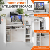 PAKASEPT Reception Desk with LED Lights, 55-Inch Front Counter Table with Lockable Drawer & Glass Display Shelf, Reception Room Table with Cable Grommet for Checkout, Lobby, Beauty Salon PAKASEPT