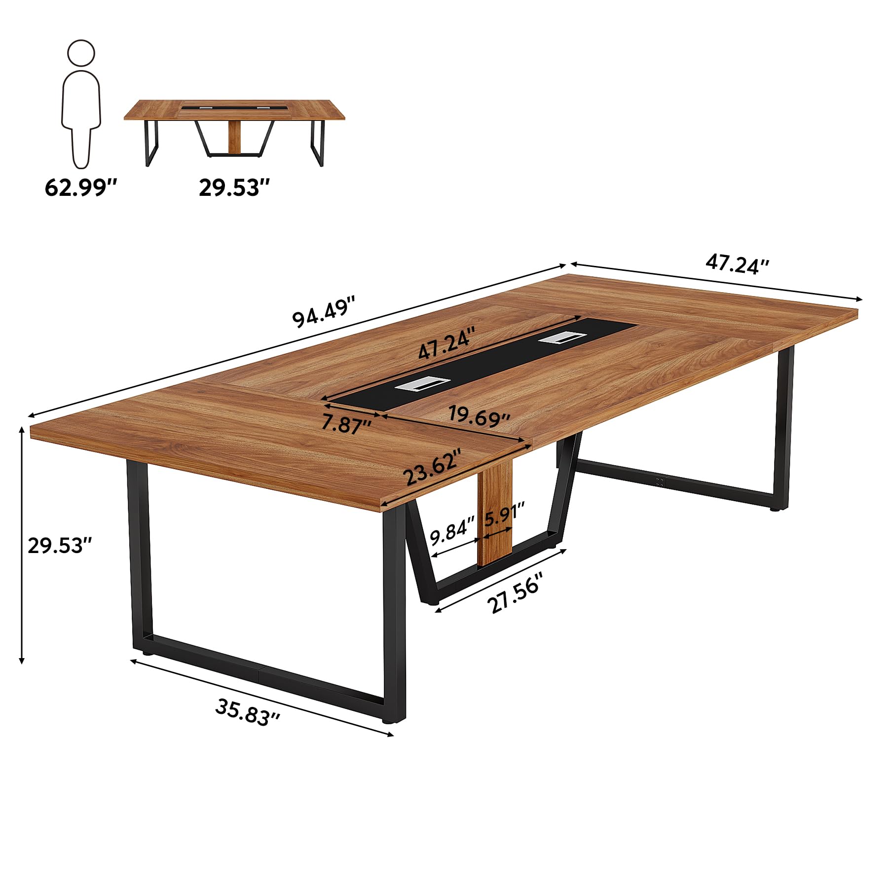 LITTLE TREE 8FT Conference Table for 10 People, Large Meeting Table, Modern Conference Room Table with Cable Management, Training Table with Strong Metal Legs for Office, Brown - WoodArtSupply