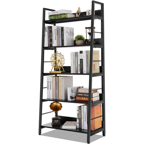 Himimi Black Ladder Bookshelf, 5 Shelf Bookcase Industrial Bookshelf Wood and Metal Bookshelves, Plant Flower Stand Rack Book Storage Shelves for Living Room, Bedroom, Home Office Himimi