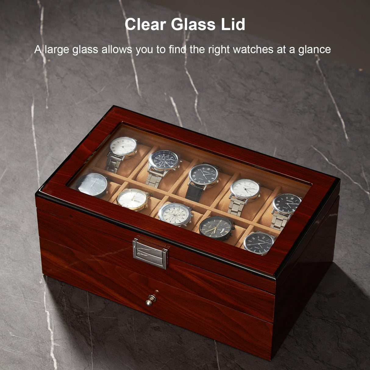 Homruilink 10-Slot Wooden Watch Box, Wood Watch Case with Drawer, Watch Display Box with Glass Lid, 2-Layer Watch Holder for Jewelry and Watch Storage for Men Women Homruilink
