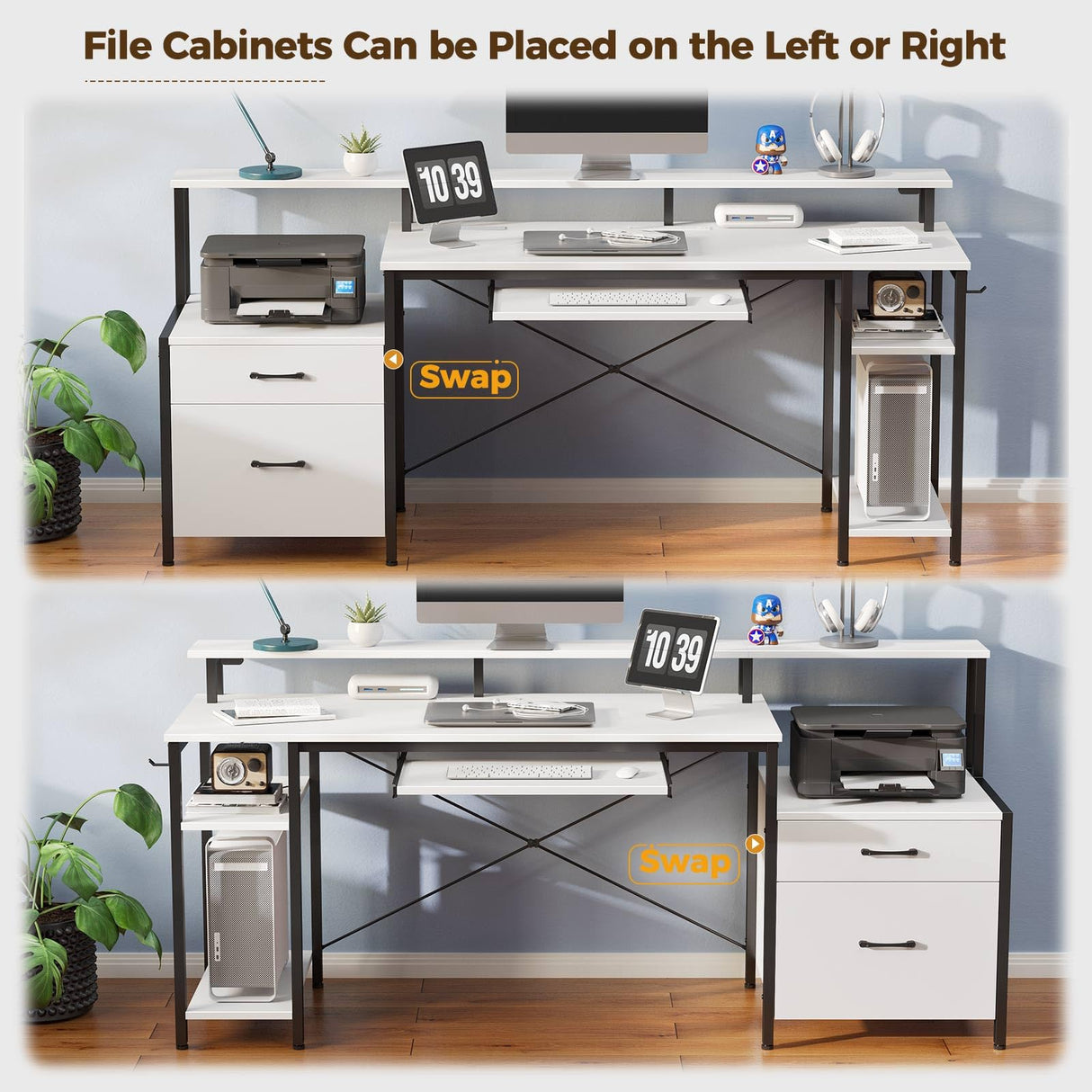 Rolanstar Computer Desk 59" with File Drawer, Gaming Desk with LED Light & Power Outlets, Home Office Desk with File Cabinet & Storage Shelves, with Monitor Stand & Keyboard Tray, White Rolanstar