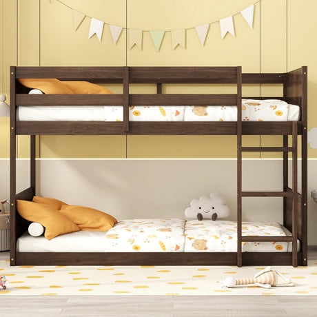 jurmiture Bunk Bed Twin Over Twin Low Bunk Bed, Floor Bunkbeds with Panelled Headboard and Footboard, Solid Rubber Wood Foundation with Safety Guardrails, Built-in Ladder, Antique Oak jurmiture