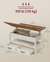 VASAGLE Coffee Table Lift Top, 3 in 1 Center Table with Storage, Gas Spring, 2 Drawers and 3 Hidden Compartments, Open Shelf, for Living Room, Home Office, Honey Brown and Rustic White ULCT254W01 VASAGLE