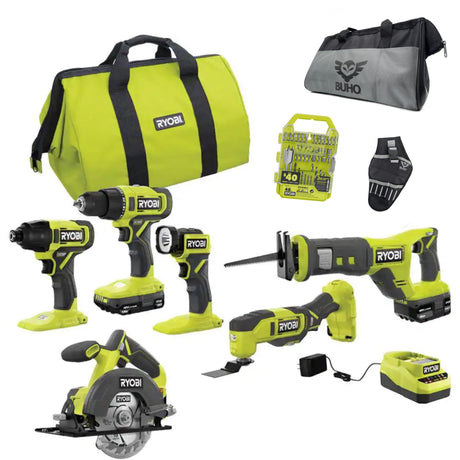 6 Power Tools Combo Kit Bundle with Buho Tool Bag, and Holster, 6 Ryobi Tools, 2 Batteries, Charger, and 40 Piece Drill Bit Set Buho